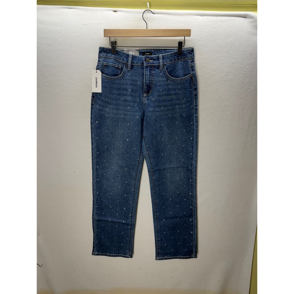 Express Embellished Jeans Womens 4 Blue NEW Rhinestone Straight Leg Denim 3510